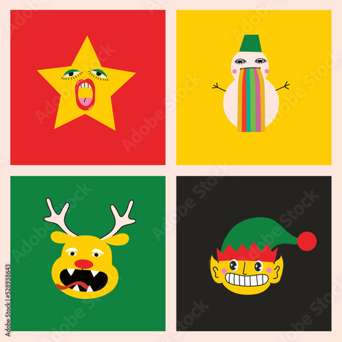 Merry Christmas and Happy New Year 2023. Vector trendy abstract illustrations of holiday card with santa claus, deer, crazy geometric shapes, christmas tree and wreath for poster.
