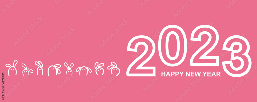 White chinese happy new year 2023, year of the rabbit cute line doodle cartoon on pink background flat vector design.