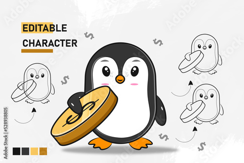 cute penguin holding slanted dollar coin with line art element vector eps 10