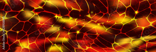Top view of texture of volcanic lava river, solar prominences or glowing magma surface. Abstract vector background. Molten metal effect. Liquid steel. Red, yellow, black gradient. Fire wallpaper