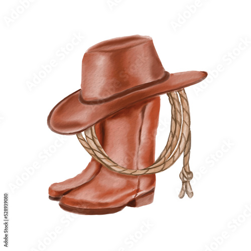 Fényképezés Hand drawn watercolor cowboy hat, rope and boot. Vector