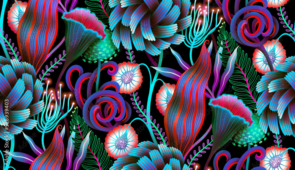 Seamless pattern with surreal psychedelic plants. Trippy botanical ...