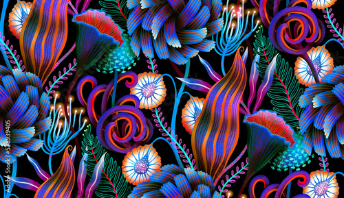 Seamless pattern with surreal psychedelic plants. Trippy botanical background.