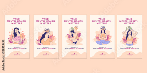 Illustrations beautiful flower inside female head for  world mental health day social media stories collection
