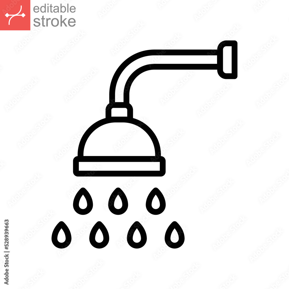 Shower icon. Showerheads simple with water drops, shower head, Bathroom, Bath time sign for your web site and mobile apps. Editable stroke. line Vector illustration design on white background. EPS 10 Shower icon. Showerheads simple with water drops, shower head, Bathroom, Bath time sign for your web site and mobile apps. Editable stroke. line Vector illustration design on white background. EPS 10