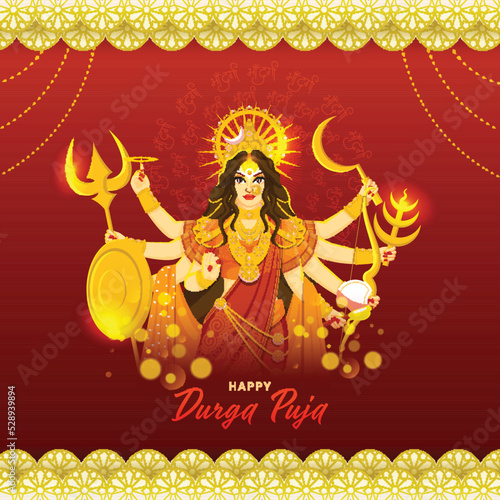 Happy Durga Puja Poster Design With Sculpture Of Goddess Durga Maa And Paper Cut Mandala Border On Red Background.