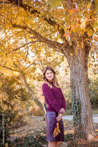 Beautiful woman in burgundy sweater on a background of autumn tree.