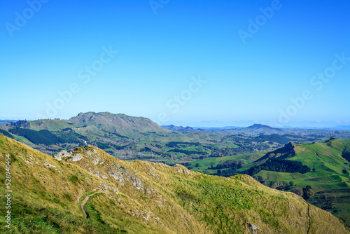 Man on the mountain peak looking over vast green valley and enjoying beautiful summer mountain landscape. A panoramic view of Te Mata Hills iin Hawke s Bay  New Zealand