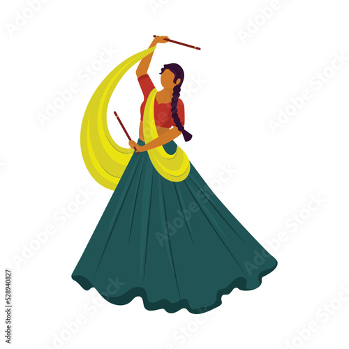 Cartoon Indian Woman Playing With Dandiya Sticks On White Background.