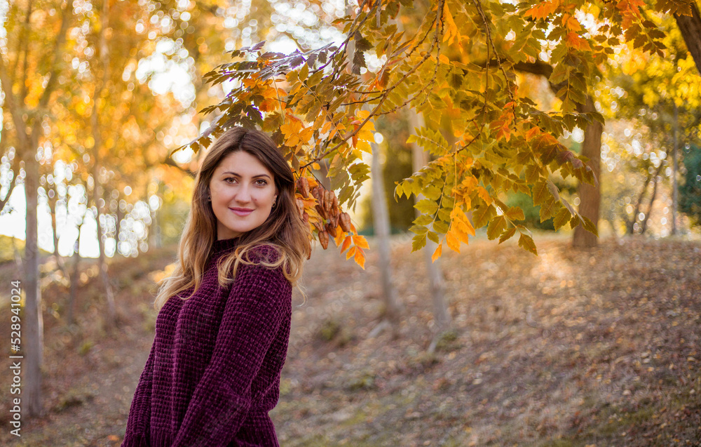 Portrait of beautiful woman in burgundy sweater on a background of autumn tree.
Portrait of beautiful woman in burgundy sweater on a background of autumn tree.