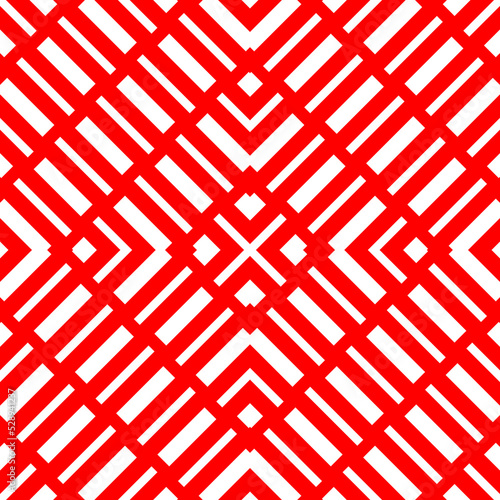 Repeated white geometric figures on ree background. Seamless surface pattern design with symmetrical rectangles and brackets ornament. Polygons wallpaper. Diagonal dashed lines motif. Digital paper