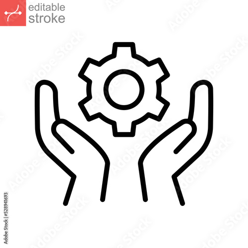 Skill ability icon. Skilled employee. Gear and hand symbol of talents abilities. Leadership capability, competency outline style. Editable stroke Vector illustration design on white background. EPS 10