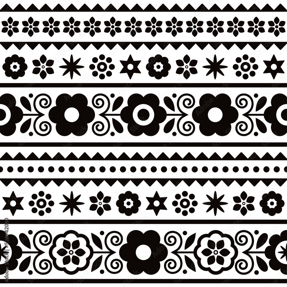 Polish traditional folk art vector seamless textile or fabric print pattern in black and white with floral motif - Lachy Sadeckie