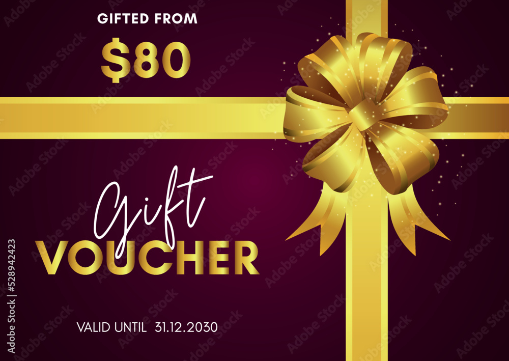 80 Dollar Gift voucher template design with golden bow on magenta background. Premium design for Discount gift coupons, vouchers, gift certificate, gift card, banner, internet ads, social media gift. 80 Dollar Gift voucher template design with golden bow on magenta background. Premium design for Discount gift coupons, vouchers, gift certificate, gift card, banner, internet ads, social media gift.