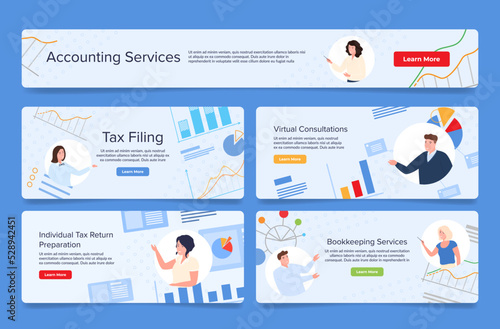 Bookkeeping services promo landing page set vector illustration. Accounting analysis tax return