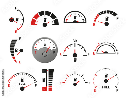 Fuel indicator with arrow set realistic vector automobile dashboard petrol engine control