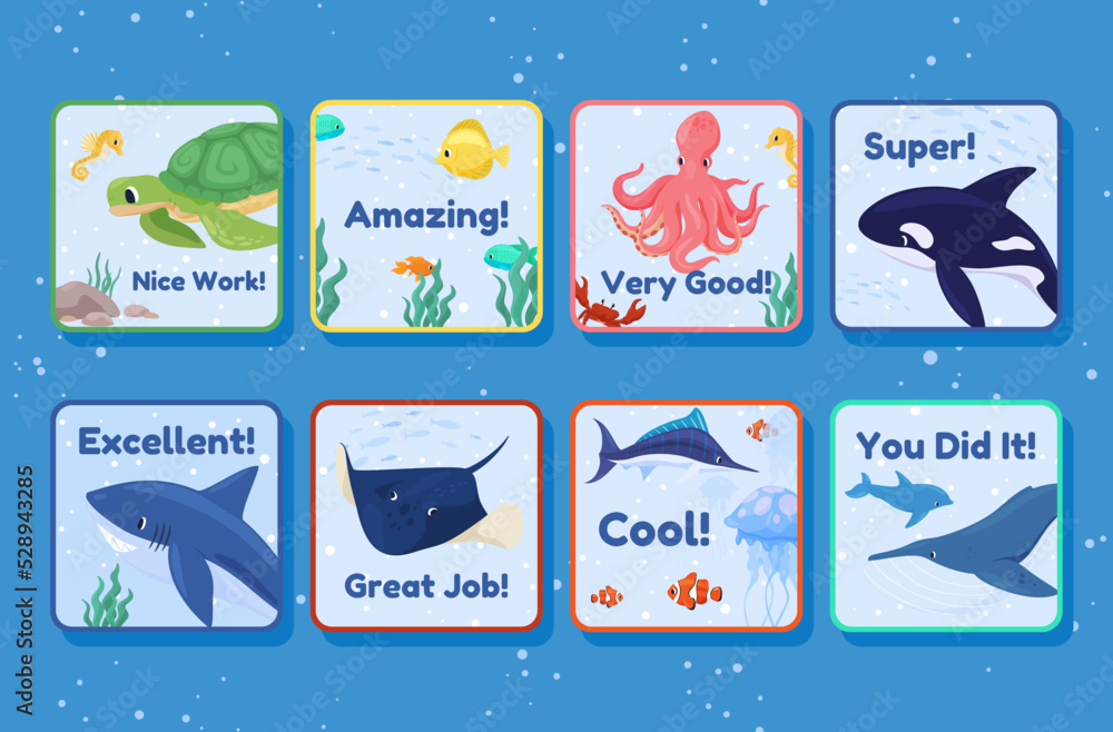 Underwater world awards squared stickers set vector illustration