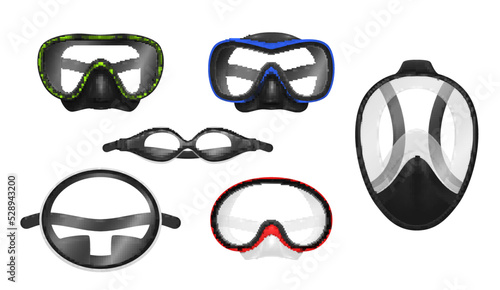 Scuba diving masks set realistic vector illustration. Underwater swimming goggles snorkeling