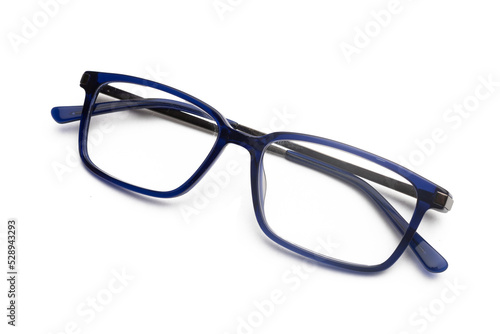 Pair of blue eyeglasses on a white background
