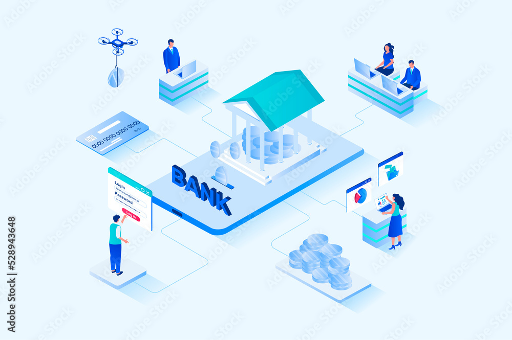 Mobile banking 3d isometric web design. People use online banking services, manage personal financial account, save money, receive interest on deposits and make transactions. Web illustration