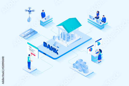 Mobile banking 3d isometric web design. People use online banking services, manage personal financial account, save money, receive interest on deposits and make transactions. Web illustration