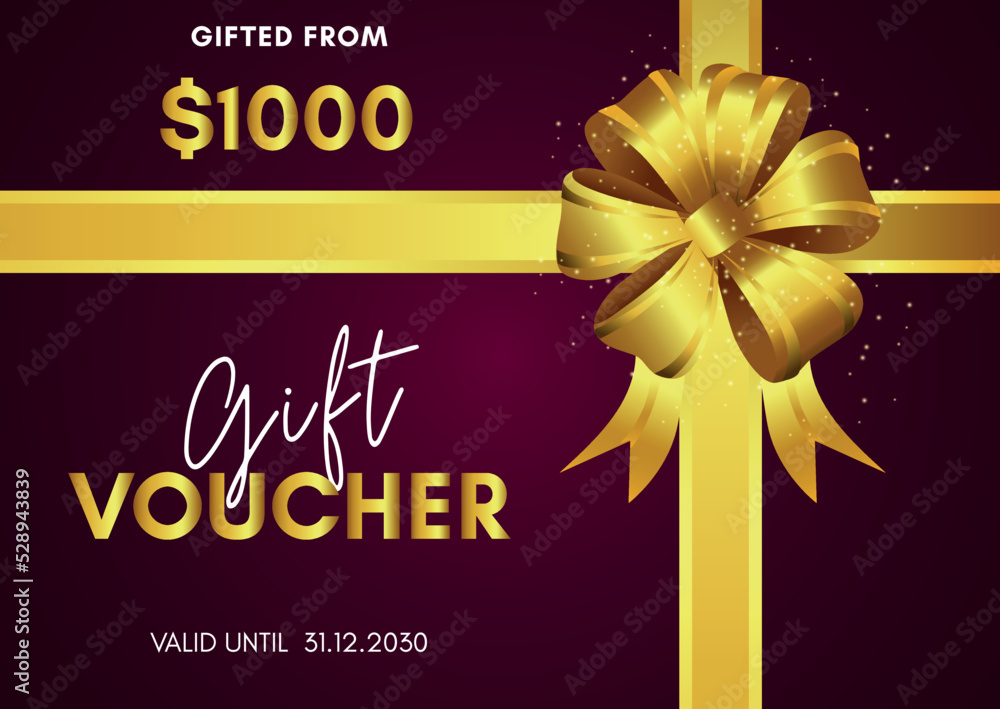 1000 Dollar Gift voucher template design with golden bow on magenta background. Premium design for Discount gift coupons, vouchers, gift certificates, gift card, banner, social media gift.