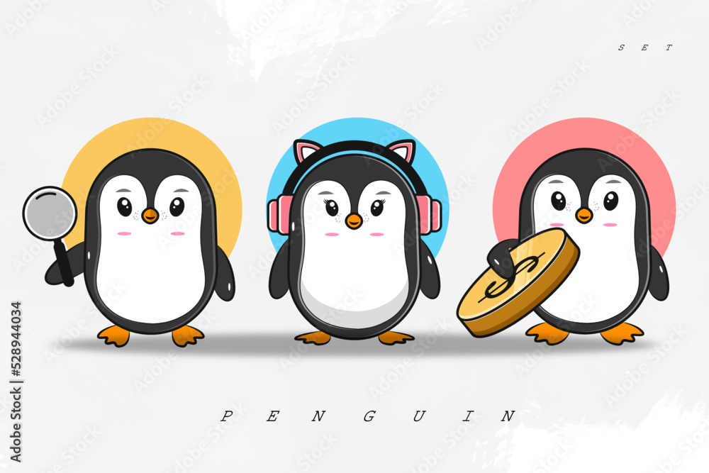 Fototapeta premium 3 cute penguin characters holding a magnifying glass, holding a dollar coin, wearing a pink headset, vector eps 10