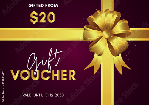 20 Dollar Gift voucher template design with golden bow on magenta background. Premium design for Discount gift coupons, vouchers, gift certificates, gift card, banner, internet ads, social media gift.