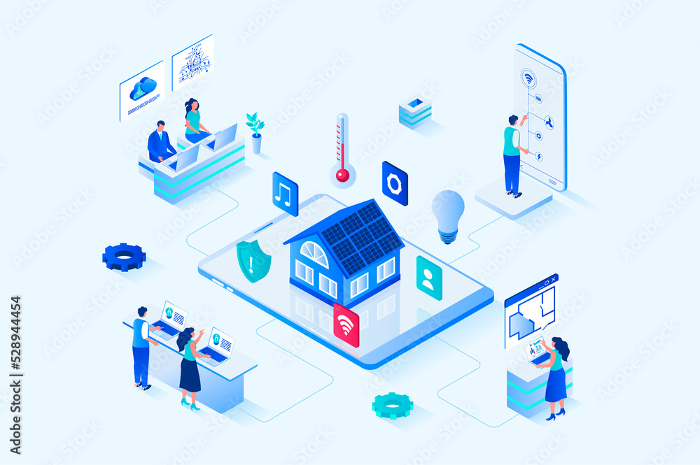 Smart home 3d isometric web design. People monitor and control sensors in house from mobile application, set up sensors for temperature, lighting, security systems and other. Web illustration Smart home 3d isometric web design. People monitor and control sensors in house from mobile application, set up sensors for temperature, lighting, security systems and other. Web illustration