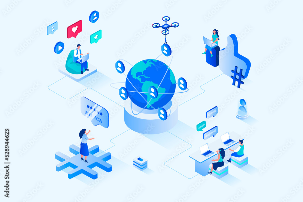 Social network 3d isometric web design. People communicate online with community of friends, view virtual content, like and comment on posts, browsing and online chatting. Web illustration - obrazy, fototapety, plakaty 