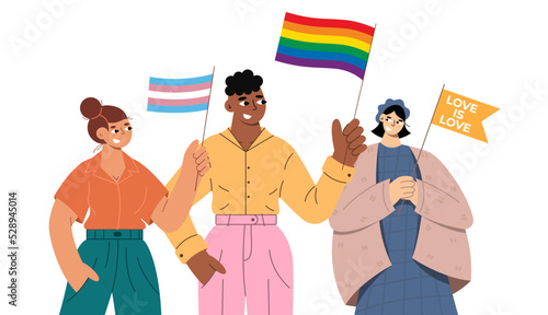 Transgender people with flags. LGBTQ pride month.