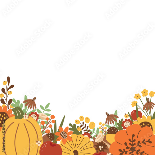 Harvest Festival poster. Vegatable frame. Autumn farm market festivel banner decorated pumpkin, sunflower fall leaves. Fall harvest vector illustration. Fall farmers market banner. Local organic food