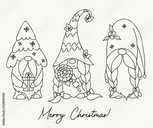 Scandinavian gnomes. Cute Gnome girl with lollipop, Christmas gnome with Christmas tree and gift. Vector illustration. Linear hand drawn Doodle. Isolated New year characters gnomes.