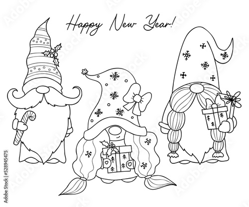 Scandinavian gnomes. New Years gnomes with gifts, caramel stick and Happy gnome girl with box. Vector illustration. Linear hand drawing, outline. Isolated Christmas characters gnomes.