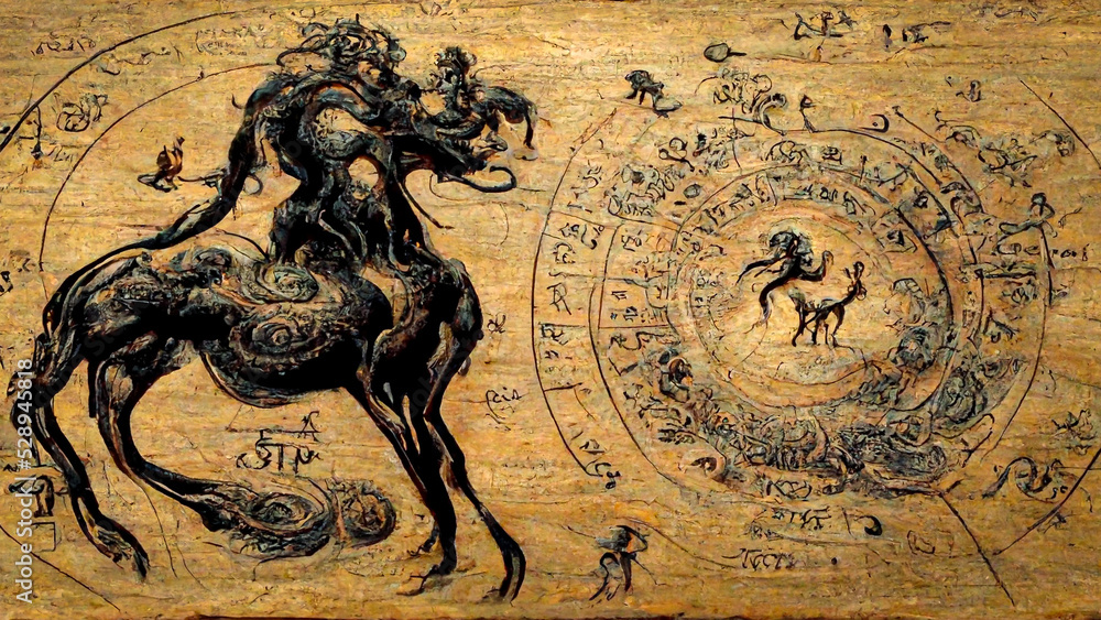 Naklejka premium Astrological sign of sagittarius, engraving and drawing on a wooden board, antique wood, for astrologer and horoscope, centaur