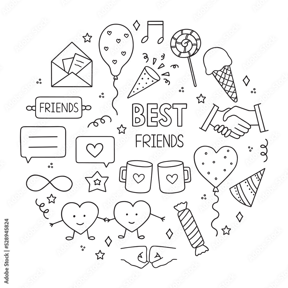 Hand drawn set of friendship doodle. Friendship day and party ...