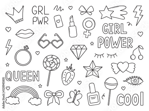 Hand drawn set of Girl power doodle. Feminist elements and girls party in sketch style. Vector illustration isolated on white background