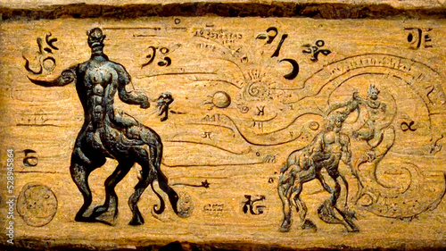 Astrological sign of sagittarius, engraving and drawing on a wooden board, antique wood, for astrologer and horoscope, centaur