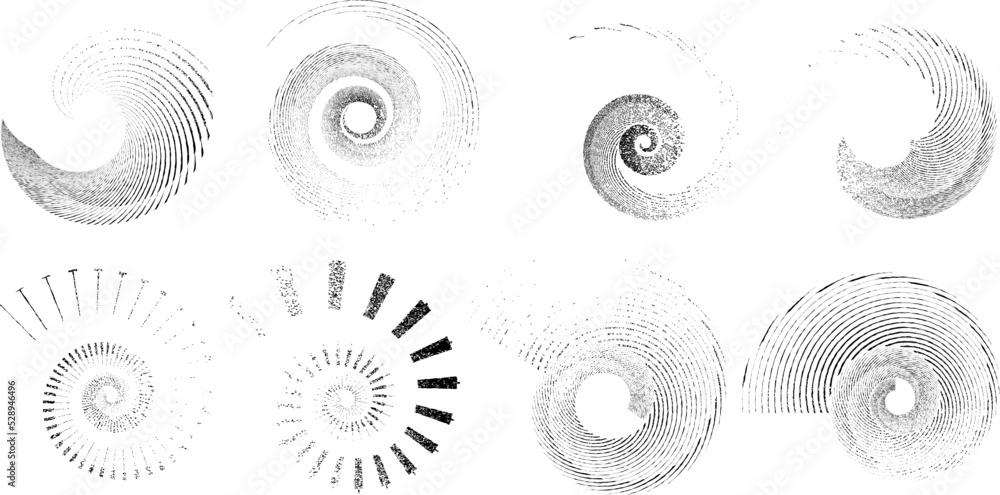 Grunge lines in Circle Form . Spiral Vector Illustration .Textured round Logo . Design element . Abstract Geometric circular shapes .Rotating grunge radial line. Concentric circles