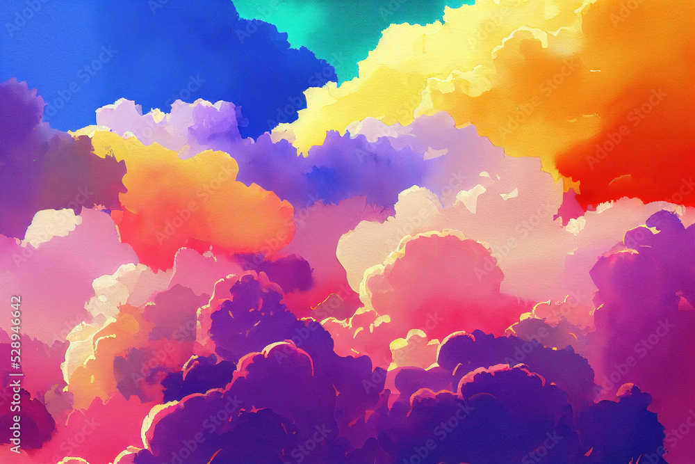 Sky with clouds. Watercolor illustration of colored clouds. - obrazy, fototapety, plakaty 