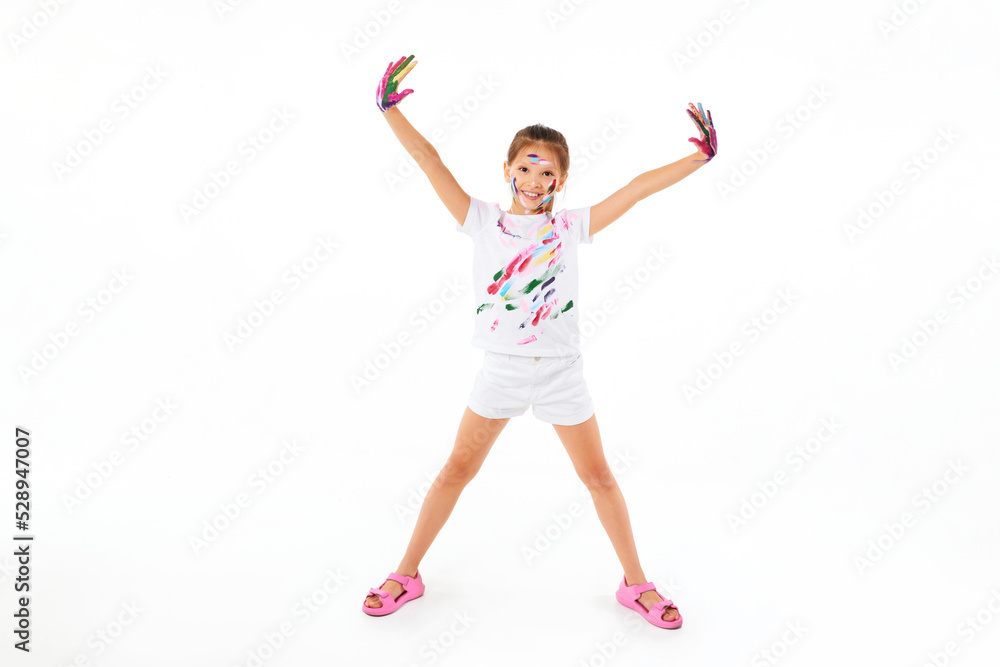 little child girl with hands painted in colorful paint little child girl with hands painted in colorful paint