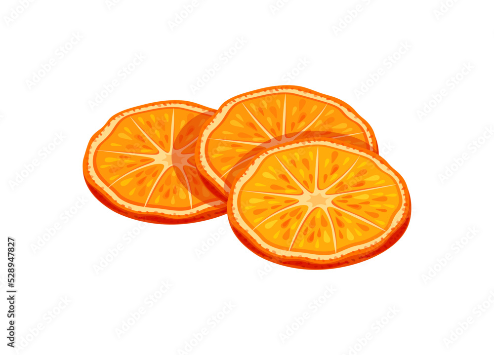 Orange dried fruit isolated on white background. Vector illustration of sweet dried orange in flat style. Icon of orange. Healthy snacks. Cartoon style Orange dried fruit isolated on white background. Vector illustration of sweet dried orange in flat style. Icon of orange. Healthy snacks. Cartoon style