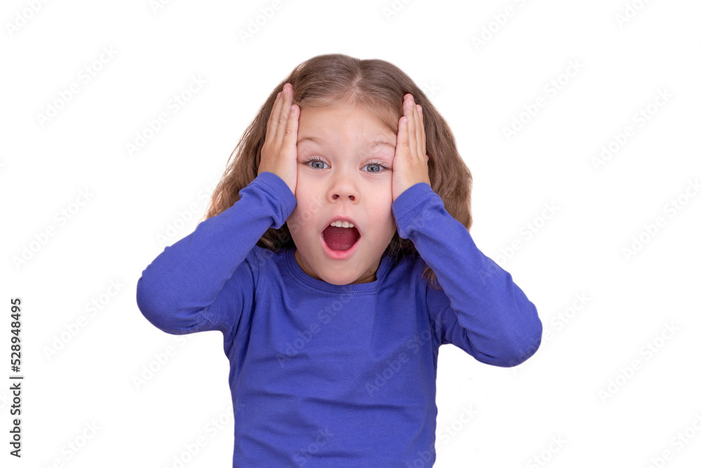 Shocked child kid holding hands on head temples because of surprising, isolated on white background looking at camera waist up caucasian little girl of 5 years in blue Shocked child kid holding hands on head temples because of surprising, isolated on white background looking at camera waist up caucasian little girl of 5 years in blue