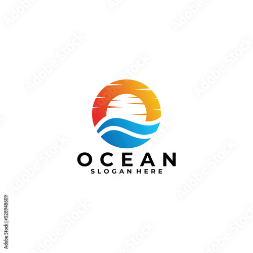 beach scenery and sunrise or sunset logo vector illustration