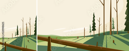 Landscape with felled trees. Dead nature scenery in different formats.