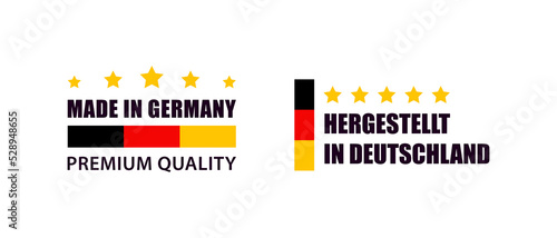 Made in Germany label set. Made in Germany stamp. Big set of label, stickers, pointer, badge, symbol and page curl with German flag icon on design element. 