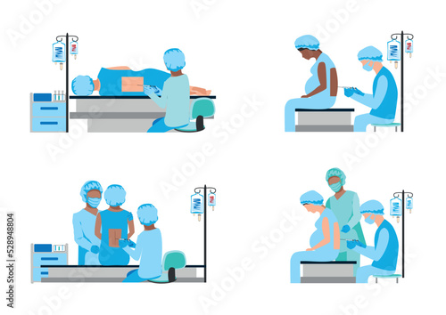 Vector set of doctor and nurse doing epidural anesthesia in operating room. Operation. Obstetrics and gynecology. Pregnancy and childbirth. Thank you doctors and nurses.
