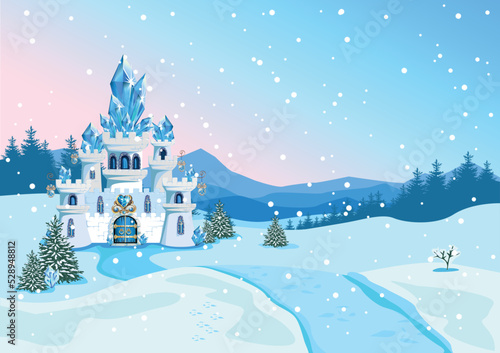 Winter castle for beautiful princess in cartoon style. Vector illustration of a fairy tale castle on a winter landscape with mountains and snowfall.