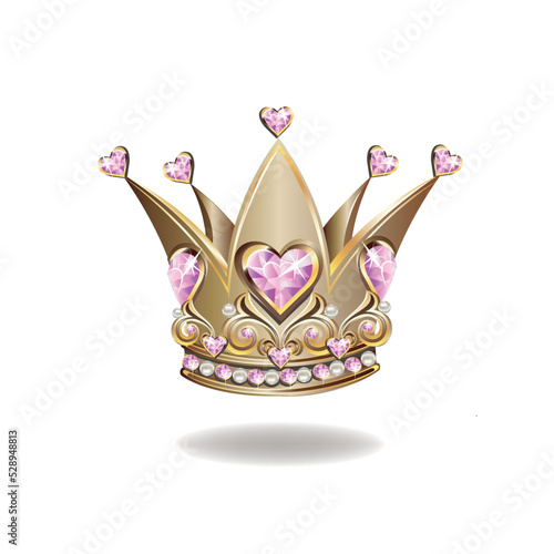 Princess crown or tiara with pearls and pink gems in the shape of a heart vector illustration isolated on white background.