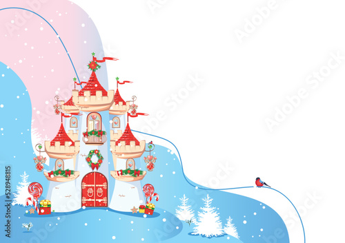 Winter castle for beautiful princess in cartoon style. Vector illustration of a fairy tale castle on a winter landscape with mountains and snowfall.